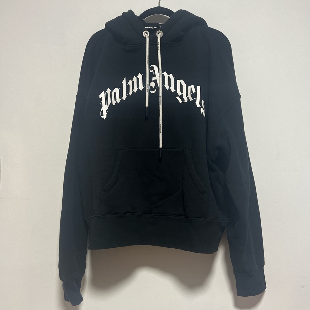Palm Angels Black Hoodie with White Drawstrings